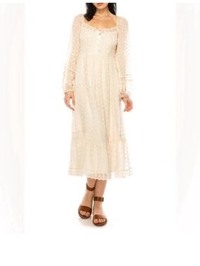 A Collective Stay Embroidered Romantic Floral Swiss Dot Lace Midi Dress Cream XS